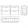 Juno 1200mm Wall Hung 4 Drawer Vanity Unit with Double Ceramic Basin - Metallic Slate - Technical Drawing
