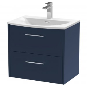 Juno 600mm Wall Hung 2 Drawer Vanity With Curved Ceramic Basin - Midnight Blue