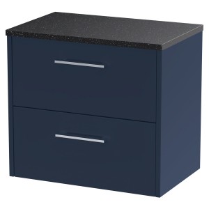 Juno 600mm Wall Hung 2 Drawer Vanity With Black Sparkle Laminate Worktop - Midnight Blue
