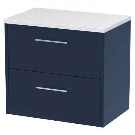 Juno 600mm Wall Hung 2 Drawer Vanity With White Sparkle Laminate Worktop - Midnight Blue