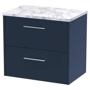 Juno 600mm Wall Hung 2 Drawer Vanity With Carrera Marble Laminate Worktop - Midnight Blue