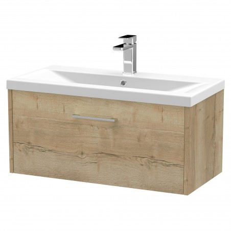 Juno Autumn Oak 800mm Wall Hung Single Drawer Vanity With Mid-Edge Ceramic Basin