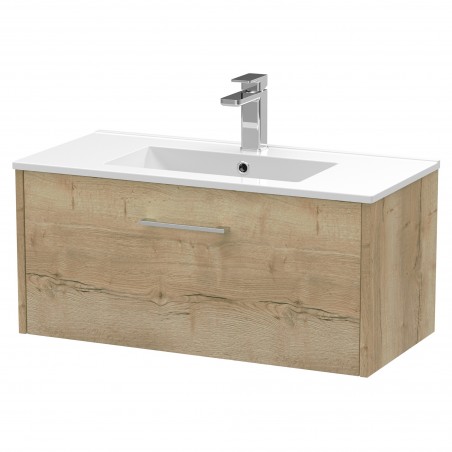 Juno Autumn Oak 800mm Wall Hung Single Drawer Vanity With Minimalist Ceramic Basin