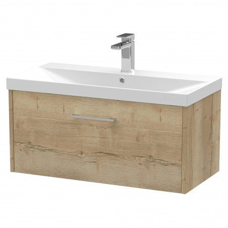 Juno Autumn Oak 800mm Wall Hung Single Drawer Vanity With Thin-Edge Ceramic Basin