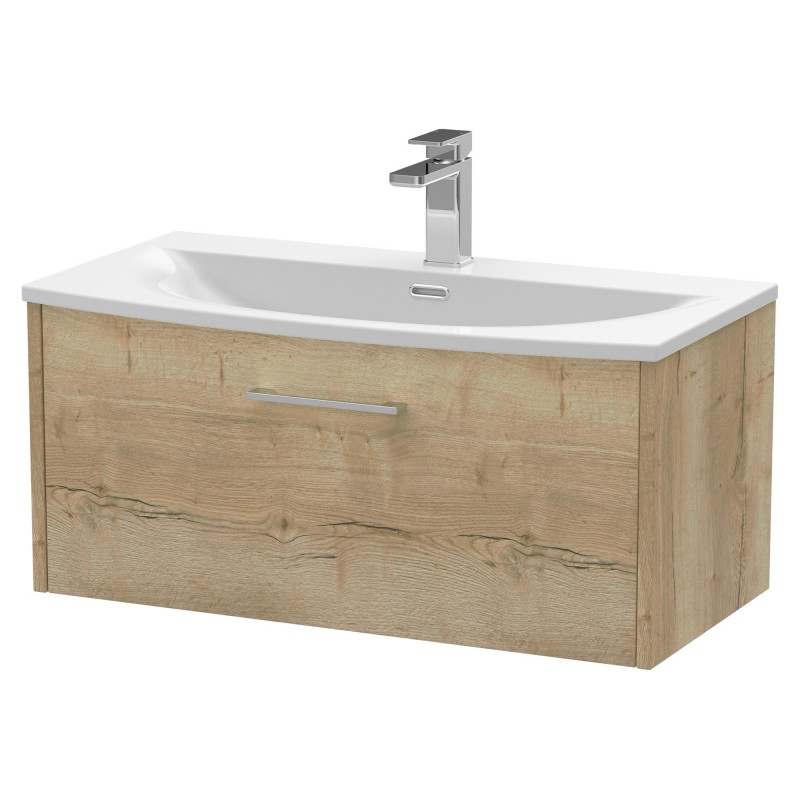 Juno Autumn Oak 800mm Wall Hung Single Drawer Vanity With Curved Ceramic Basin