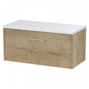 Juno Autumn Oak 800mm Wall Hung Single Drawer Vanity With White Sparkle Laminate Worktop