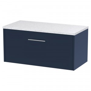 Juno 800mm Wall Hung 1 Drawer Vanity With White Sparkle Laminate Worktop - Midnight Blue
