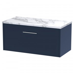 Juno 800mm Wall Hung 1 Drawer Vanity With Carrera Marble Laminate Worktop - Midnight Blue