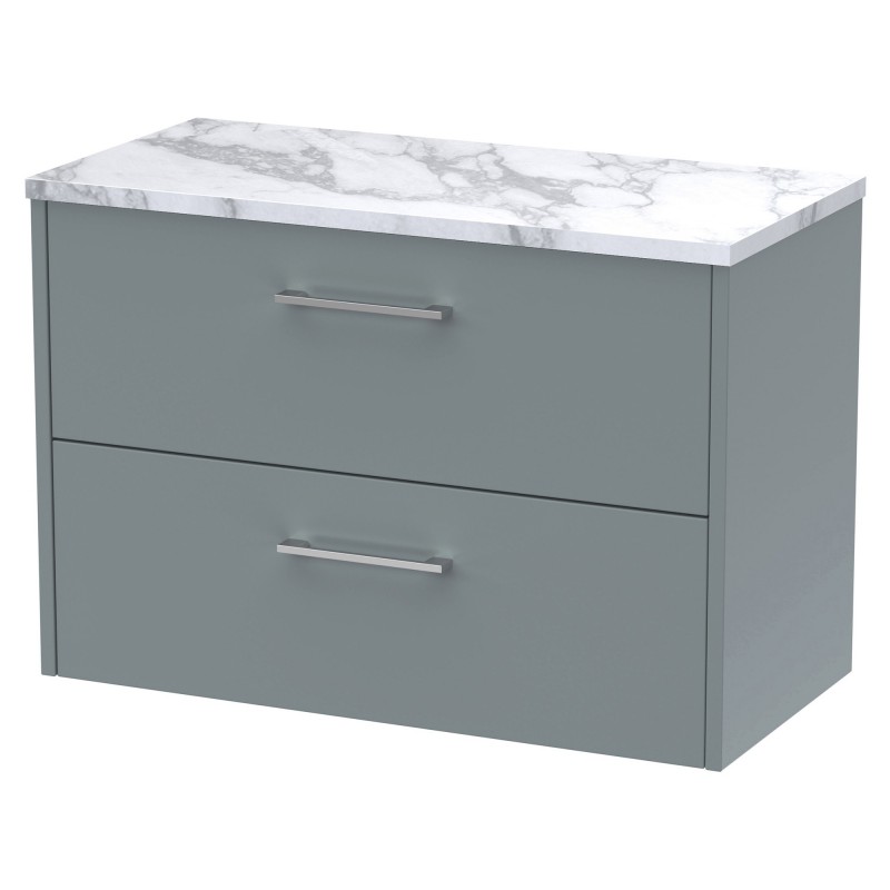 Juno 800mm Wall Hung 2 Drawer Vanity With Carrera Marble Laminate Worktop - Coastal Grey