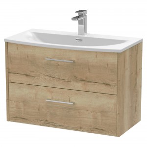 Juno Autumn Oak 800mm Wall Hung 2 Drawer Vanity With Curved Ceramic Basin