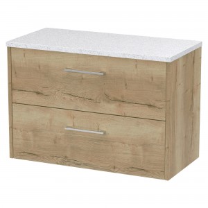 Juno Autumn Oak 800mm Wall Hung 2 Drawer Vanity With White Sparkle Laminate Worktop