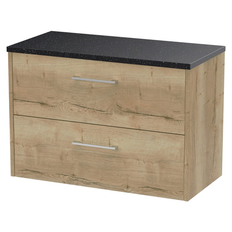 Juno Autumn Oak 800mm Wall Hung 2 Drawer Vanity With Black Sparkle Laminate Worktop