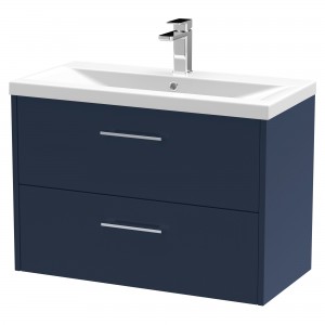 Juno 800mm Wall Hung 2 Drawer Vanity With Mid-Edge Ceramic Basin - Midnight Blue