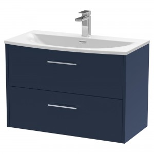 Juno 800mm Wall Hung 2 Drawer Vanity With Curved Ceramic Basin - Midnight Blue