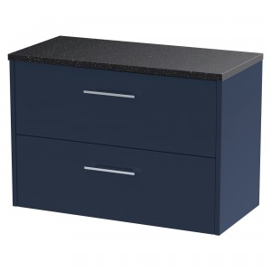 Juno 800mm Wall Hung 2 Drawer Vanity With Black Sparkle Laminate Worktop - Midnight Blue