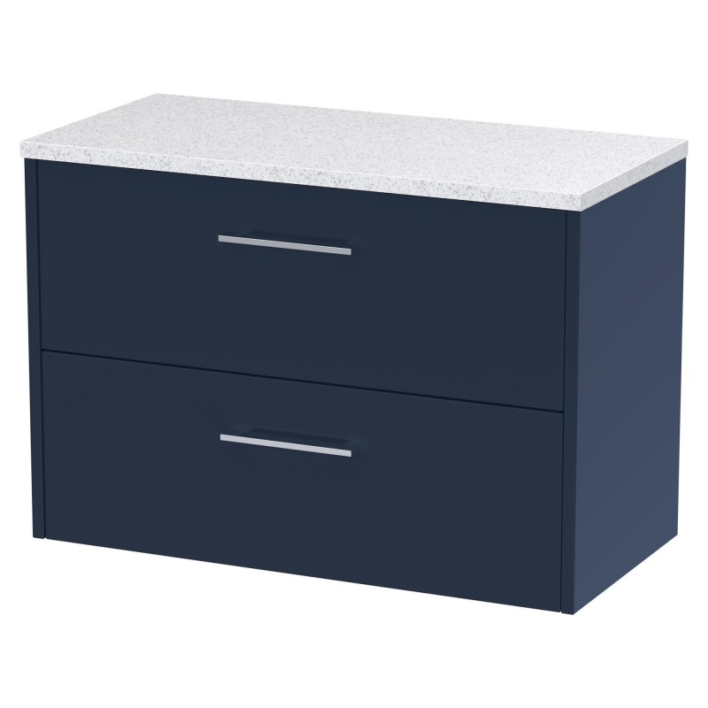 Juno 800mm Wall Hung 2 Drawer Vanity With White Sparkle Laminate Worktop - Midnight Blue