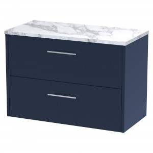 Juno 800mm Wall Hung 2 Drawer Vanity With Carrera Marble Laminate Worktop - Midnight Blue