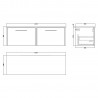 Juno 1200mm Wall Hung 2 Drawer Vanity With Bellato Grey Laminate Worktop - Autumn Oak - Technical Drawing