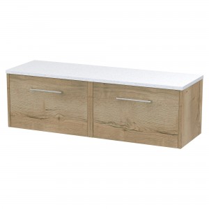 Juno 1200mm Wall Hung 2 Drawer Vanity With White Sparkle Laminate Worktop - Autumn Oak
