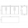 Juno 1200mm Wall Hung 4 Door Vanity With White Sparkle Laminate Worktop - Autumn Oak - Technical Drawing