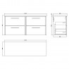 Juno 1200mm Wall Hung 4 Drawer Vanity With White Sparkle Laminate Worktop - Coastal Grey - Technical Drawing