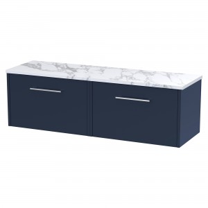 Juno 1200mm Wall Hung 2 Drawer Vanity With Carrera Marble Laminate Worktop - Midnight Blue