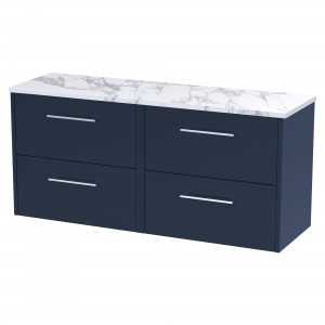 Juno 1200mm Wall Hung 4 Drawer Vanity With Carrera Marble Laminate Worktop - Midnight Blue
