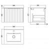 Fluted Satin White 500mm Wall Hung Single Drawer Vanity & Minimalist Ceramic Basin - Technical Drawing