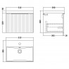 Fluted Satin White 500mm Wall Hung Single Drawer Vanity & Thin-Edge Ceramic Basin - Technical Drawing