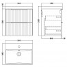 Fluted Satin White 500mm Wall Hung 2 Drawer Vanity & Thin-Edge Ceramic Basin - Technical Drawing