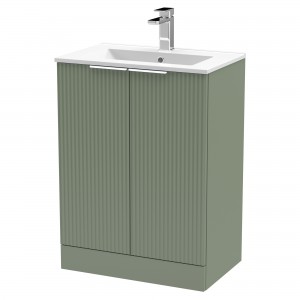 Fluted Satin Green 600mm Freestanding 2 Door Vanity & Minimalist Ceramic Basin
