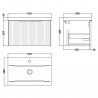 Fluted Satin White 600mm Wall Hung Single Drawer Vanity & Mid-Edge Ceramic Basin - Technical Drawing