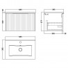 Fluted Satin White 600mm Wall Hung Single Drawer Vanity & Minimalist Ceramic Basin - Technical Drawing