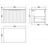 Fluted Satin White 600mm Wall Hung Single Drawer Vanity & Worktop - Technical Drawing