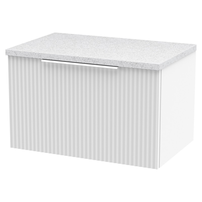 Fluted Satin White 600mm Wall Hung Single Drawer Vanity & White Sparkle Laminate Worktop