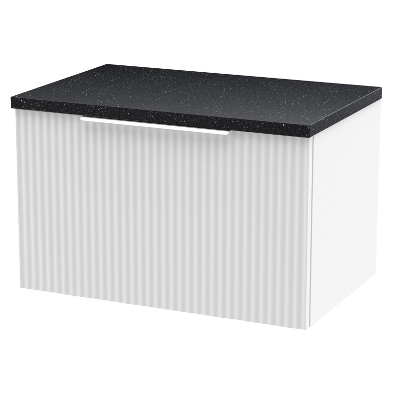 Fluted Satin White 600mm Wall Hung Single Drawer Vanity & Black Sparkle Laminate Worktop