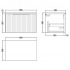 Fluted Satin White 600mm Wall Hung Single Drawer Vanity & Black Sparkle Laminate Worktop - Technical Drawing