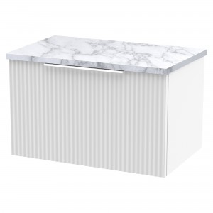 Fluted 600mm Wall Hung 1 Drawer Vanity With Carrera Marble Laminate Worktop - Satin White
