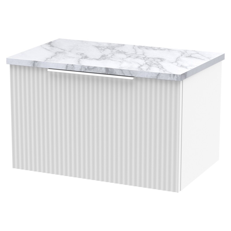 Fluted 600mm Wall Hung 1 Drawer Vanity With Carrera Marble Laminate Worktop - Satin White