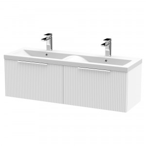 Fluted Satin White 1200mm Wall Hung 2 Drawer Vanity & Double Ceramic Basin