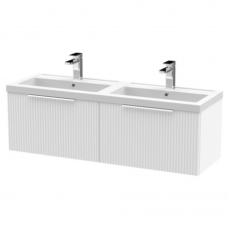 Fluted Satin White 1200mm Wall Hung 2 Drawer Vanity & Double Polymarble Basin