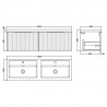 Fluted Satin White 1200mm Wall Hung 2 Drawer Vanity & Double Polymarble Basin - Technical Drawing