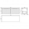Fluted Satin White 1200mm Wall Hung 2 Drawer Vanity & Worktop - Technical Drawing
