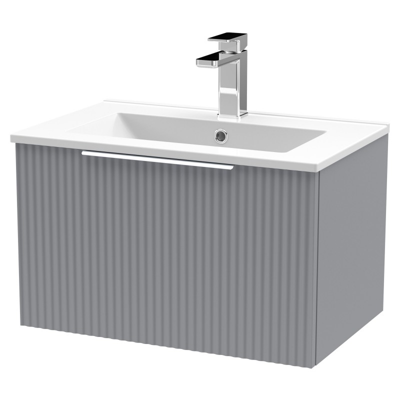 Fluted Satin Grey 600mm Wall Hung Single Drawer Vanity & Minimalist Ceramic Basin