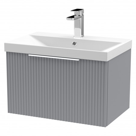 Fluted Satin Grey 600mm Wall Hung Single Drawer Vanity & Thin-Edge Ceramic Basin