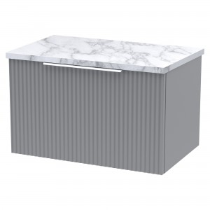 Fluted 600mm Wall Hung 1 Drawer Vanity With Carrera Marble Laminate Worktop - Satin Grey
