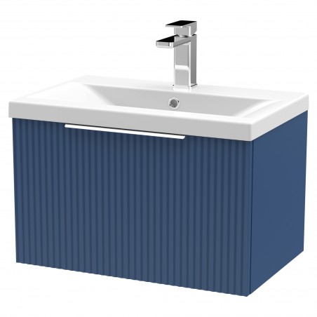 Fluted Satin Blue 600mm Wall Hung Single Drawer Vanity & Mid-Edge Ceramic Basin