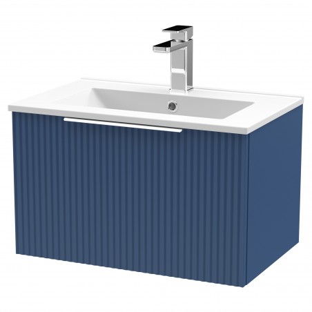 Fluted Satin Blue 600mm Wall Hung Single Drawer Vanity & Minimalist Ceramic Basin