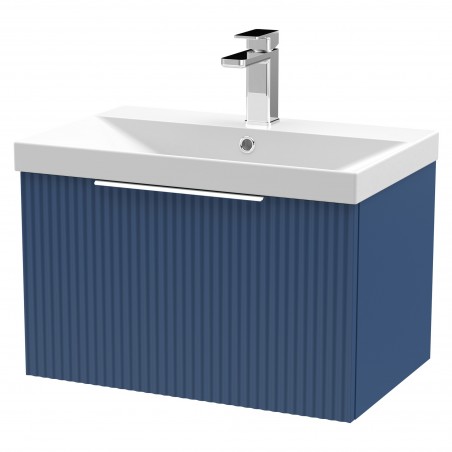 Fluted Satin Blue 600mm Wall Hung Single Drawer Vanity & Thin-Edge Ceramic Basin