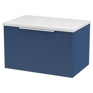 Fluted Satin Blue 600mm Wall Hung Single Drawer Vanity & White Sparkle Laminate Worktop